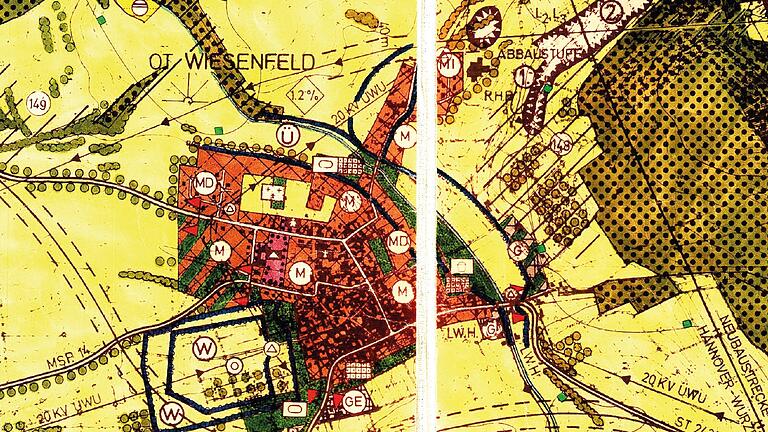 Die Darstellung des Stadtteils Wiesenfeld im Flächennutzungsplan von 1986 - mit Schnittstelle, an der zwei Teilstücke zusammengeklebt wurden. Die Darstellung des Stadtteils Wiesenfeld im Flächennutzungsplan von 1986 - mit Schnittstelle, an der zwei Teilstücke zusammengeklebt wurden.