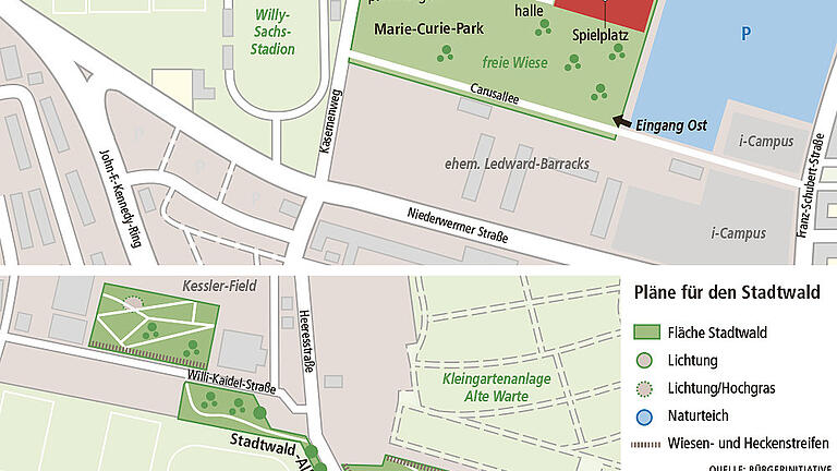 Die Grafik zeigt die Planungen für eine Landesgartenschau (oben) oder den Stadtwald (unten). Beide wurden am 29. Januar mit deutlicher Mehrheit abgelehnt.