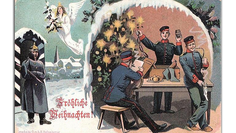 Weihnachtskarte aus dem Ersten Weltkrieg: Soldaten erhalten als Liebesgaben Äpfel, Würste, Socken und Tabak zum Fest.