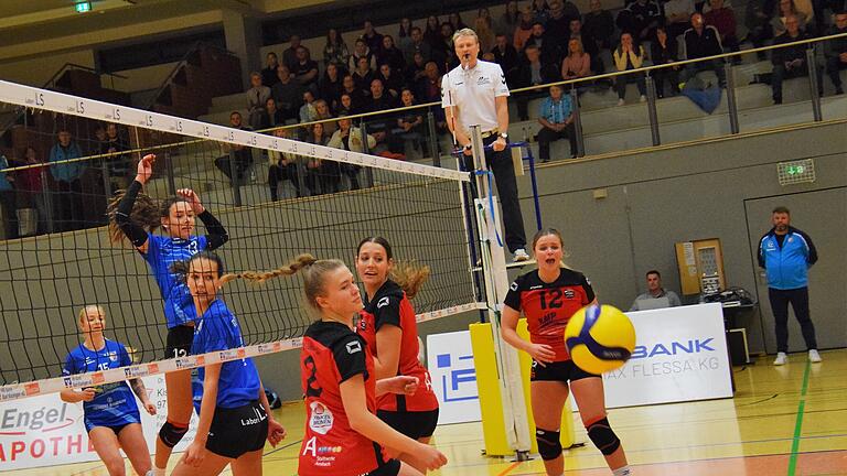 Volleyball aus Hammelburg       -  Immer besser in Fahrt kommen die First Ladies (blaue Trikots, in einem Heimspiel der vergangenen Saison) in der Bayernliga Nord.