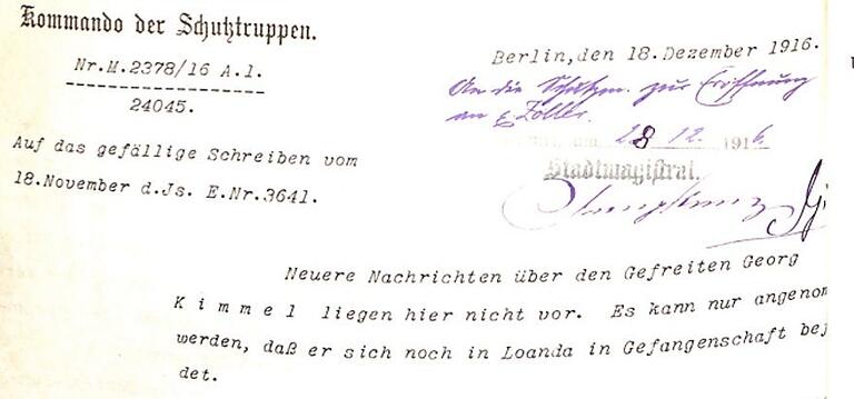 Georg Kimmel aus Ochsenfurt verbrachte den gesamten Ersten Weltkrieg in Afrika in portugiesischer Gefangenschaft. Georg Kimmel aus Ochsenfurt verbrachte den gesamten Ersten Weltkrieg in Afrika in portugiesischer Gefangenschaft. 