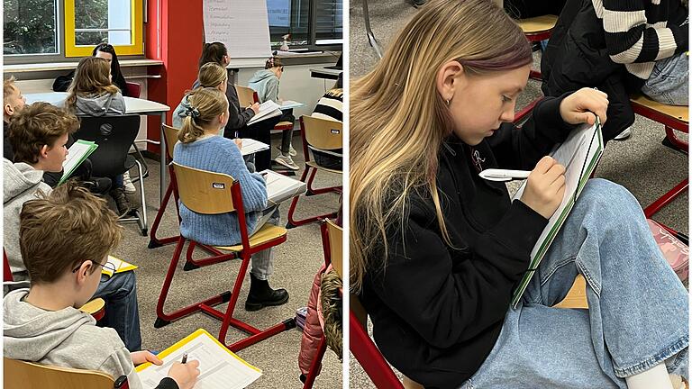 Konzentriert notieren die Kinder ihre Vokabeln. Im Bild rechts: Mia Lotta Bonfigt.