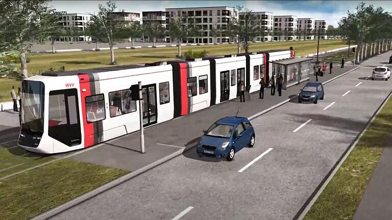 Diese Visualisierung der geplanten Sraßenbahnlinie 6 zeigt die Trasse am Hubland.&nbsp;