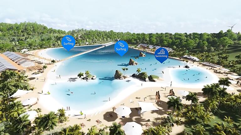 Uwe Ehrmann aus Frankfurt will bei Würzburg einen Surfpark bauen. Hier ein Konzeptbild: So könnte die Anlage nach den Vorstellungen des Wellenmaschinen-Herstellers aussehen. Uwe Ehrmann aus Frankfurt will bei Würzburg einen Surfpark bauen. Hier ein Konzeptbild: So könnte die Anlage nach den Vorstellungen des Wellenmaschinen-Herstellers aussehen.