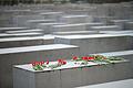 Blumen liegen auf einem Stein des Holocaust-Mahnmals in Berlin.