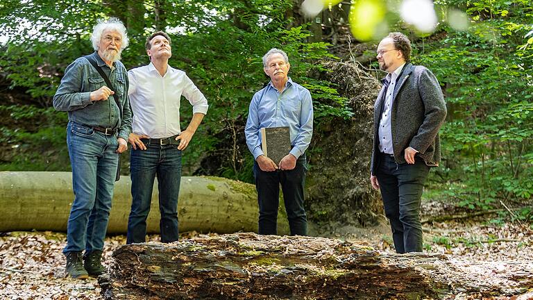 Während eines Pressetermins im Handthalgrund bei Ebrach hat Professor Hans D. Knapp (von links) Ludwig Hartmann, Fraktionsvorsitzender der Grünen im Landtag, sowie den Grünen-Abgeordneten Paul Knoblach und Patrick Friedl sein Gutachten zu einem Nationalpark Steigerwald erläutert.