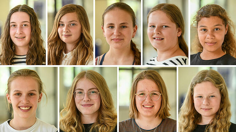 Unterschiedliche Meinungen über Soziale Medien und Apps: (oben v. li.) Charlotte Kuhn, Elena Herbert, Greta Lang, Johanna Feldhäuser, Joy Oduware und (unten v.li.) Julia Fincke, Lea Söllmann, Nele Freudenberger, Zoe Litzke von der Schülerinnenzeitung U-Boot der St.-Ursula-Schule in Würzburg.