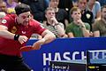 Timo Boll im Mai 2024 im Play-off-Halbfinale zwischen dem TSV Bad Königshofen und Borussia Düsseldorf. Der 43-Jährige beendet nach dieser Bundesliga-Saison seine Karriere.