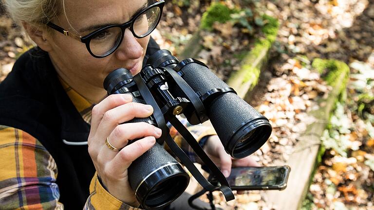 Eine Frau beobachtet die Tierwelt mit dem Fernglas       -  Nicht sicher, welcher Vogel da zwitschert? Die App Merlin Bird ID hilft.