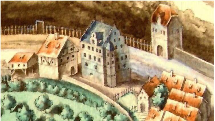 Sogenanntes Schlösslein am Vogelsberg mit Areal Fischergasse und Klostergarten, Besitz: Städt. Museum Kitzingen. Sogenanntes Schlösslein am Vogelsberg mit Areal Fischergasse und Klostergarten, Besitz: Städt. Museum Kitzingen.