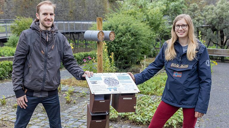 Im Frühling 2021 haben Anna Hofmann (rechts) und Raphael Binder an verschiedenen Standorten in Würzburg Nisthilfen für Wildbienen eingerichtet. Die beiden Lehramtsstudierenden der Universität Würzburg wollen auf diese Weise Daten über Bienen und Wespen in Würzburg sammeln. Im Frühling 2021 haben Anna Hofmann (rechts) und Raphael Binder an verschiedenen Standorten in Würzburg Nisthilfen für Wildbienen eingerichtet. Die beiden Lehramtsstudierenden der Universität Würzburg wollen auf diese Weise Daten über Bienen und Wespen in Würzburg sammeln.