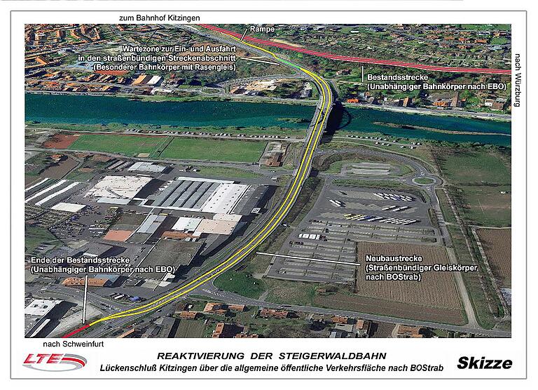 Der Verlauf der Bahn in Kitzingen: Ab Stadtgrenze bei Etwashausen geht es über die Nordtangente und den Main hinauf zur Hauptstrecke Nürnberg-Würzburg.