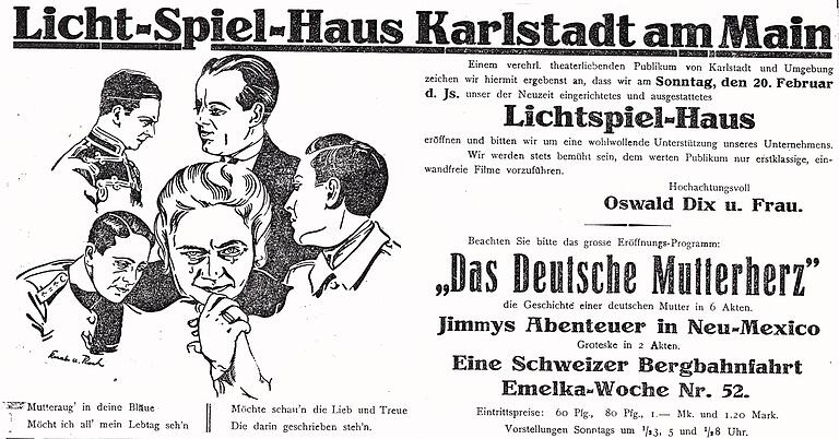 Das erste Kino in Karlstadt eröffnete die Familie Dix mit dem Film 'Das Deutsche Mutterherz' am 18. Februar 1927. Das erste Kino in Karlstadt eröffnete die Familie Dix mit dem Film 'Das Deutsche Mutterherz' am 18. Februar 1927.