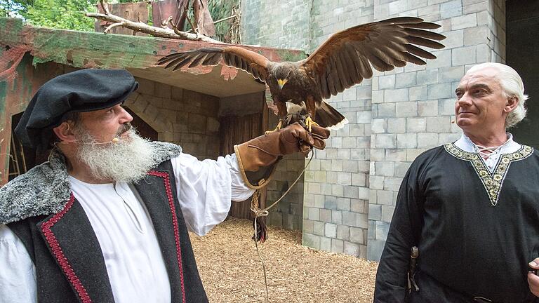 Der Wüstenbussard Hermine tritt als Falke des Sheriffs von Nottingham, gespielt von Klaus Büttner (rechts), beim Robin Hood-Freilichttheater in Sömmersdorf auf. Thomas Schmitt (links) kümmert sich als Haushofmeister Storm um den Vogel.