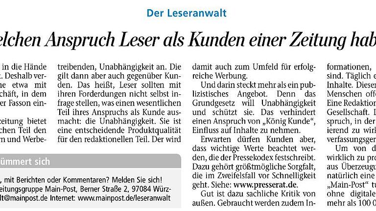 Kunden der Zeitung Leseranwalt Kolumne       -  Ein Leser hat seinen Anspruch deutlich gemacht, nachdem er diese Kolumne am 1. Februar 2016 in der Zeitung gelesen hatte.