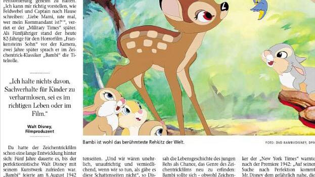 Der Beitrag zum 75. Geburtstag von 'Bambi' im Inneren der Zeitung vom 8. August....