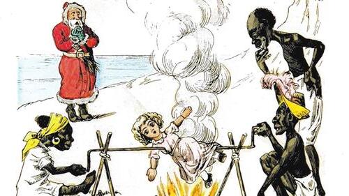 Rassistischer Bilderbogen: Das Bilderbuch &bdquo;Knecht Ruprecht in Kamerun&ldquo; von 1890 zeigt den Kindern in karikaturhafter Art das stereotype Bild von den &bdquo;wilden Schwarzen&ldquo;.