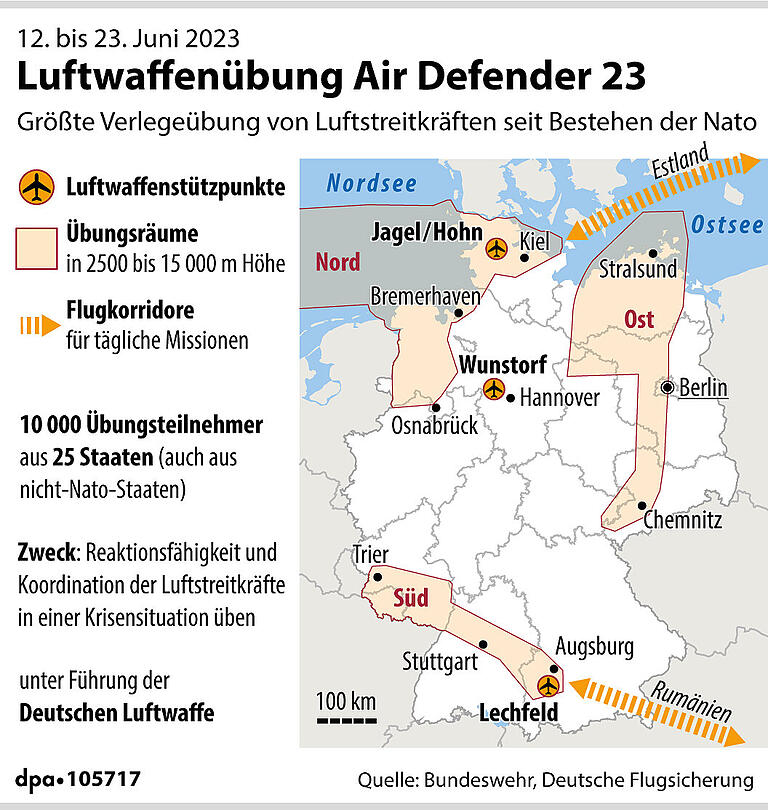 Übersicht zum Nato-Großmanöver 'Air Defender 23'.