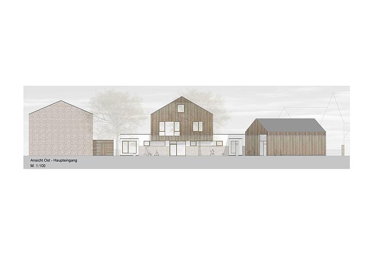 Mit seiner schlicht gestalteten Fassade soll sich der Kindergarten in das bauliche Umfeld einfügen. GRAFIK: Büro Haas&Haas, Eibelstadt Mit seiner schlicht gestalteten Fassade soll sich der Kindergarten in das bauliche Umfeld einfügen. GRAFIK: Büro Haas&Haas, Eibelstadt
