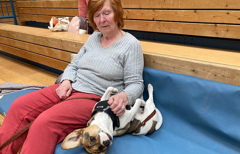 Entspanntes Warten: Diese Schweinfurterin kam mit ihrem Hund in die Georg-Wichtermann-Halle. Sie war von der Evakuierung wegen der Bomben-Entschärfung betroffen.