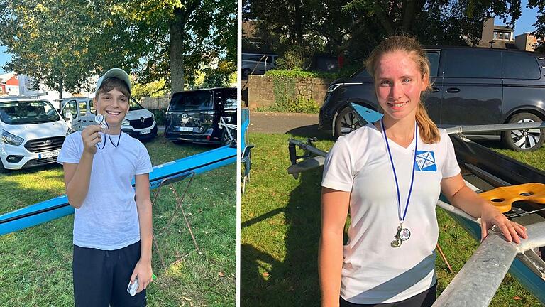 Lorik Shala (1x Gold Jungen 11/12 III) und Johanna Bilz (2x Gold JFA Lgw. III) holten auf dem Main in Großauheim Siege für den Kitzinger Ruderverein