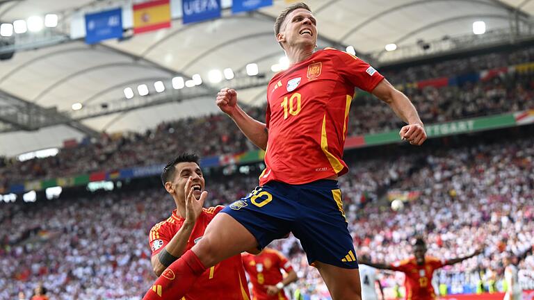 Euro 2024: Spanien - Deutschland       -  Spaniens Dani Olmo jubelt nach seinem Treffer im EM-Viertelfinale gegen Deutschland.