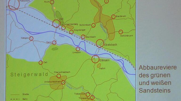 Diese Karte, ein Exponat des Heimatmuseums von Eltmann, markiert die Abbaugebiete des grünen und weißen Sandsteins.