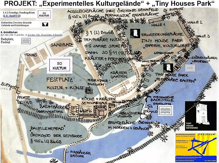 Nach den Vorstellungen eines 'Netzwerks Tinyhouse' könnte auf dem Freizeitgelände Sennfeld trotz des Ergebnisses der Machbarkeitsstudie ein 'Experimentelles Kulturgelände und Tiny Houses Park' entstehen.&nbsp;