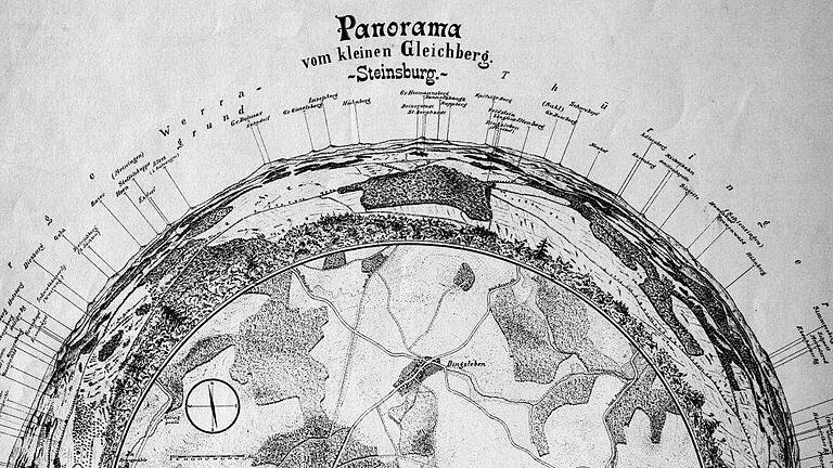 Im Jahr 1897/98 fertigte der Hildburghäuser Katasterassistent  W. Lorz dieses 'Panorama vom Kleinen Gleichberg' an. Gedruckt und vertrieben wurde es vor  nunmehr 121 Jahren von der Kesselringschen Hofbuchhandlung Hildburghausen, deren damaliger Inhaber Max Achilles war.