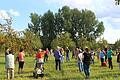 Beim Gang durch die Großlangheimer Obstanlage am Weyersbach wurde die Vielfalt deutlich, die eine Streuobstwiese beheimatet. Streuobstführerin Maria Schmitt (Bildmitte) ging auf Obstsorten und Pflanzen- und Tierwelt ein.