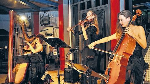 Musikerinnen voller Leidenschaft: von links Anne Kox-Schindelin (Harfe), Daniela Reimertz (Violine) und Birgit Förstner (Cello).