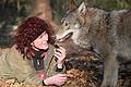 Tanja Askani im Wildpark Lüneburger Heide mit Wolf Nuka, der vergangenes Jahr als Welpe in der Rhön gefunden wurde.