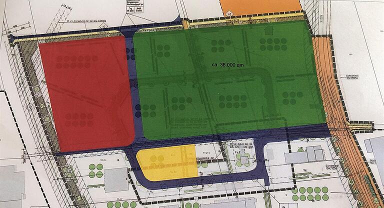 Das Industriegebiet zwischen der Schnellstraße B 286 (links) und der Mönchstockheimer Straße (rechts). In Blau sind die Straßen eingezeichnet. Schäflein hat nun die grüne Fläche nördlich von den Grundstücken Harter, Waschpark und Barbich gekauft. Für die rote Fläche gibt es bereits einen festen Interessenten, allerdings ist die Beurkundung noch nicht erfolgt. Mit gelb gekennzeichnet ist die einzige Fläche, die im Industriegebiet noch zu haben ist. Dafür gibt es aber auch bereits Bewerber.