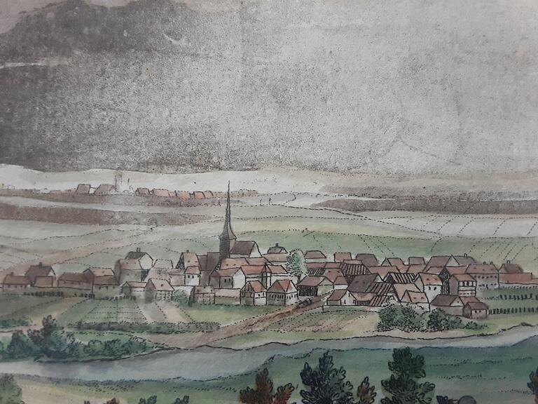 Conrad Geiger malte ein Bild mit dem Titel&nbsp; 'Aussicht von der Peterstirn aus nach Sennfeld'. Hier ist ein Ausschnitt zu sehen.