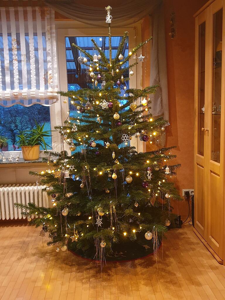 Die Kugeln am Weihnachtsbaum von Annemarie Vogl aus Buch sind überwiegend weiß und silbern. Dazu kommen Glasglöckchen, Metall-Anhänger und Perlensterne. Die Kugeln am Weihnachtsbaum von Annemarie Vogl aus Buch sind überwiegend weiß und silbern. Dazu kommen Glasglöckchen, Metall-Anhänger und Perlensterne.