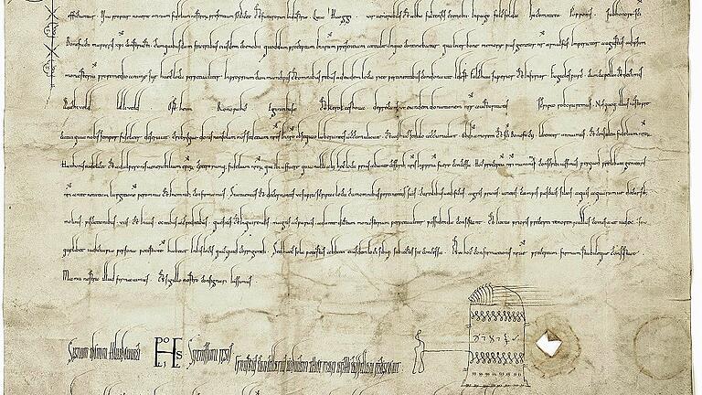 Diese im Hessisches Staatsarchiv in Marburg aufbewahrte Originalurkunde aus dem Jahr 906 ist die bislang einzig wirklich historisch gesicherte Ersterwähnung von „Kerolteshoua“. So hätte Gerolzhofen 2017 sein 1111-jähriges Ersterwähnungs-Jubiläum feiern können. Diese im Hessisches Staatsarchiv in Marburg aufbewahrte Originalurkunde aus dem Jahr 906 ist die bislang einzig wirklich historisch gesicherte Ersterwähnung von „Kerolteshoua“. So hätte Gerolzhofen 2017 sein 1111-jähriges Ersterwähnungs-Jubiläum feiern können.