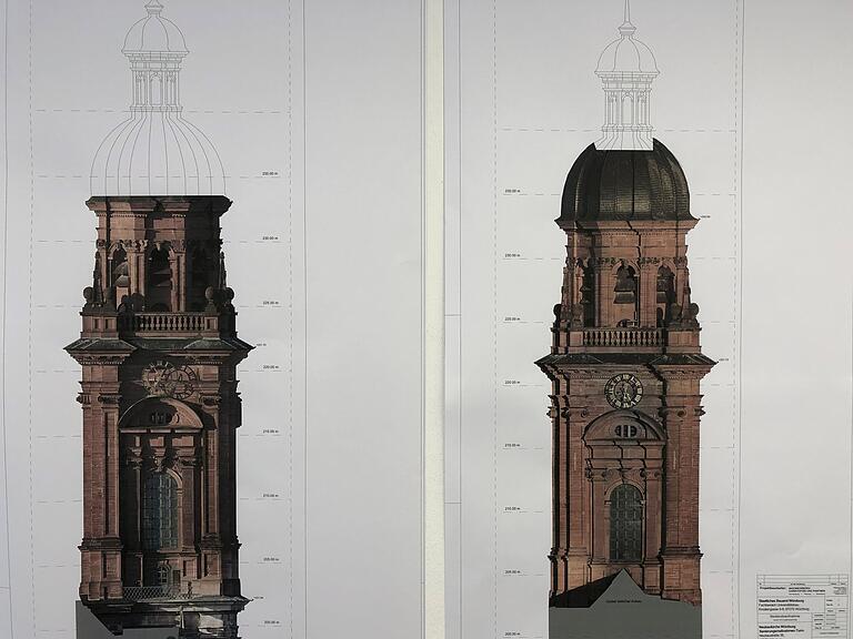 Im Staatlichen Bauamt hängen die Pläne zur Sanierung. Der Turm der Neubaukirche ist detailgetreu abgebildet.