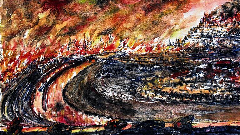 &bdquo;Und Feuer fiel vom Himmel&ldquo;: Diesen Titel gab Heinz Schnarrenberger seinem wohl im Jahr 1948 entstandenen Aquarell, auf dem er das Inferno des 16. März 1945 darstellte. Das bisher unveröffentlichte Bild wurde uns von Klaus Oehrlein zur Verfügung gestellt.