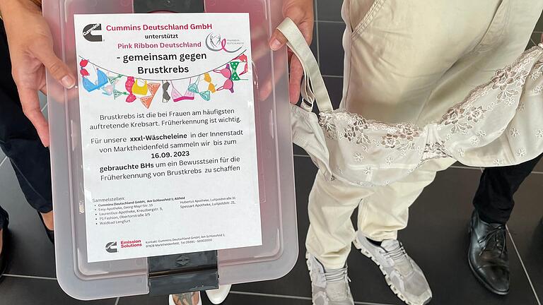 Aktion zur Brustkrebs-Prävention: Cummins Mitarbeiterinnen rufen zu einer BH-Sammlung auf, um sie in einer Kette auf dem Marktheidenfelder Marktplatz aufzuhängen. Aktion zur Brustkrebs-Prävention: Cummins Mitarbeiterinnen rufen zu einer BH-Sammlung auf, um sie in einer Kette auf dem Marktheidenfelder Marktplatz aufzuhängen.