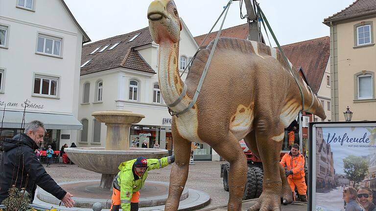 Mit dem Parasaurolophus auf dem Deutschordenplatz bekommt die virtuelle „Dino City“ Bad Mergentheim auch einen ganz plastischen Botschafter, den die Stadt am Mittwoch aufgestellt hat. Eine weitere Saurier-Skulptur empfängt Besucherinnen und Besucher am Parkhaus „Altstadt/Schloss“. Mit dem Parasaurolophus auf dem Deutschordenplatz bekommt die virtuelle „Dino City“ Bad Mergentheim auch einen ganz plastischen Botschafter, den die Stadt am Mittwoch aufgestellt hat. Eine weitere Saurier-Skulptur empfängt Besucherinnen und Besucher am Parkhaus „Altstadt/Schloss“.