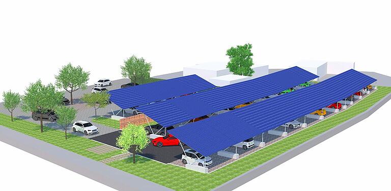 Visualisierung der geplanten Carports auf der leeren Fläche zwischen Johann-Schöner-Straße und B 27, etwas versteckt hinter dem Jugendzentrum und Wohngebäuden. Visualisierung der geplanten Carports auf der leeren Fläche zwischen Johann-Schöner-Straße und B 27, etwas versteckt hinter dem Jugendzentrum und Wohngebäuden.