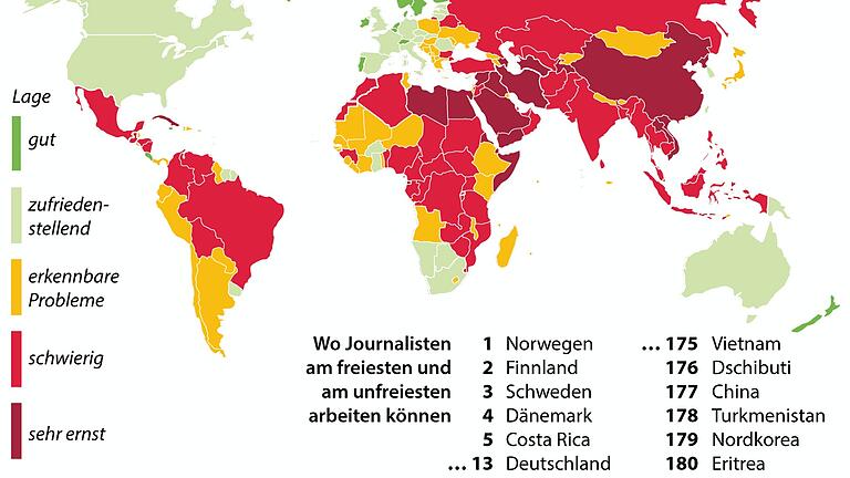 Nicht nur für Regierungen, auch für&nbsp; Journalistinnen und Journalisten selbst ergeben sich Verpflichtungen aus Pressefreiheit und Unabhängigkeit. Ausschnitt aus der Weltkarte der Pressefreiheit 2021 der Reporter ohne Grenzen.&nbsp;