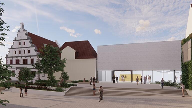 Skizze des Neubaus für das Kulturforum am Martin-Luther-Platz mit Blick von der Johannis-Kirche aus.