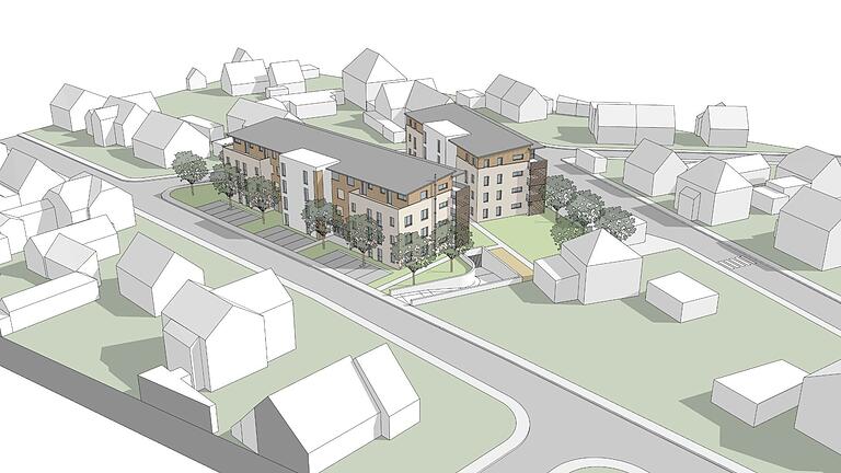 Aus der Vogelperspektive: So sieht eine laut SBW Bau maßstabsgetreue Visualisierung für die beiden Mehrfamilienhäuser zwischen Ringstraße, Rimbacher und Eichfelder Straße in Volkach aus.