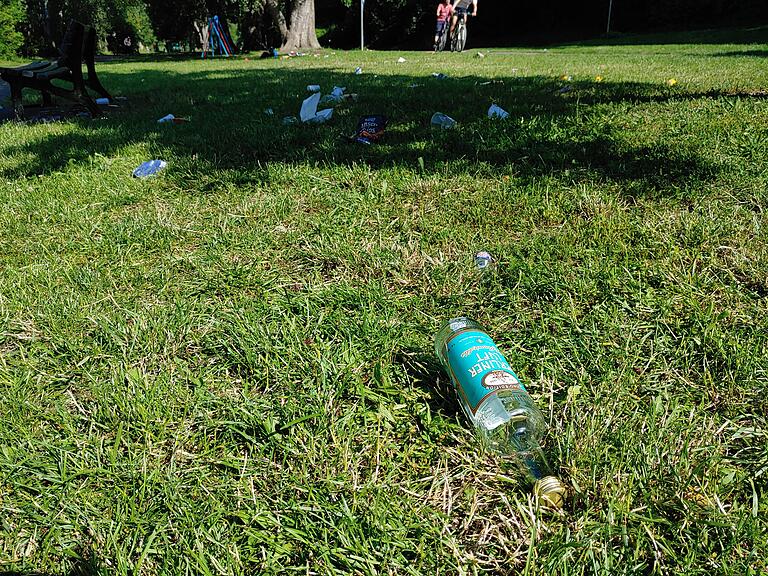 Leere Flaschen und Müll im Gras auf den Mainwiesen in der Sanderau. Leere Flaschen und Müll im Gras auf den Mainwiesen in der Sanderau.