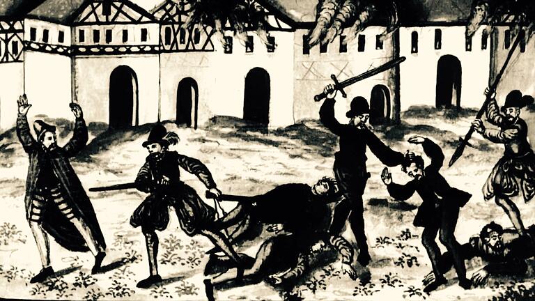 Verfolgung und Leid: Illustration zu den Pogromen des Jahres 1349 in der Chronik des Würzburger Historikers Lorenz Fries. Verfolgung und Leid: Illustration zu den Pogromen des Jahres 1349 in der Chronik des Würzburger Historikers Lorenz Fries. 