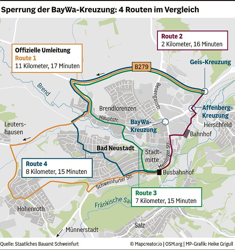 Sperrung der BayWa-Kreuzung in Bad Neustadt: Auf diesen 4 Routen kommt man am schnellsten und kürzesten ans Ziel