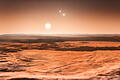 Exoplanet von Gliese 667C.jpeg       -  Das Dreifach-Sternsystem Gliese 667 (es ist 22 Lichtjahre entfernt) wird von mindestens zwei Planeten umkreist. Einer davon könnte erdähnlich sein (hier eine künstlerische Darstellung, wonach die fremde Welt eine Art Wüstenplanet sein könnte).