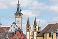 Blick von der Alten Mainbrücke auf den Dom des Bistums Würzburg.