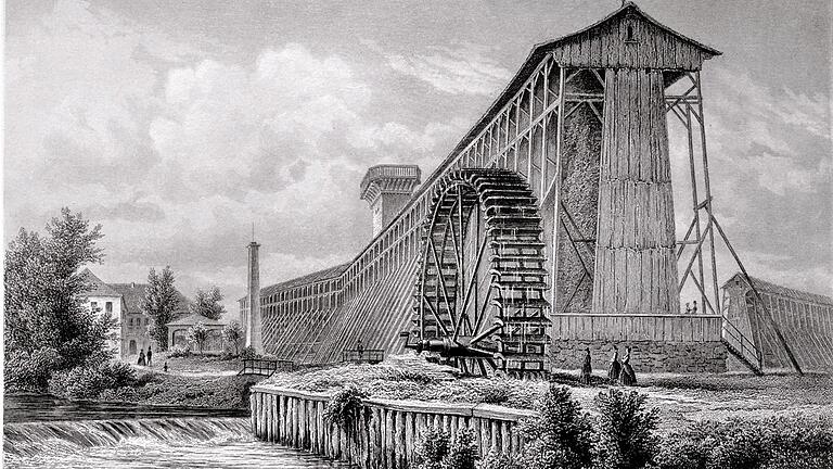 Das Gradierwerk im Jahr 1855 - ein Blick von der Unteren Saline in nördliche Richtung zum Kloster Hausen.&nbsp;
